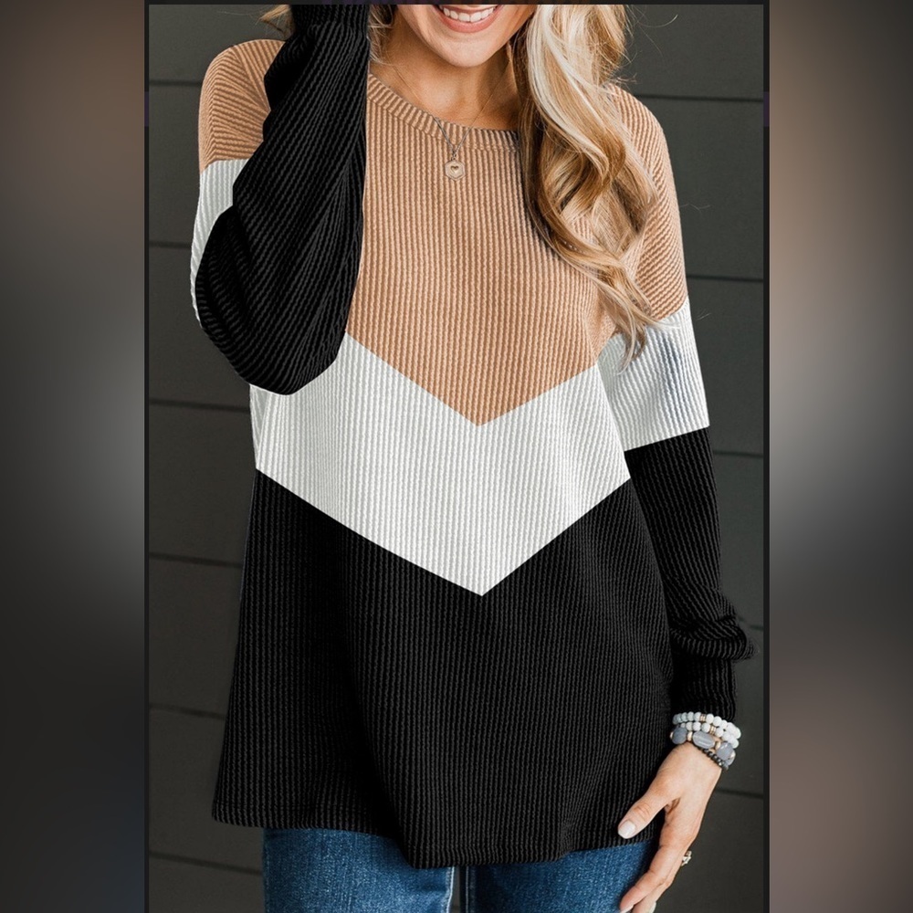 Black Cream Apricot Diagonal Color Block Corded Textured Long Sleeve Top